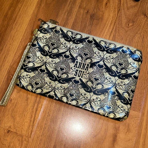 Anna Sui Black and Gold Glitter Double Wristlet Pouch